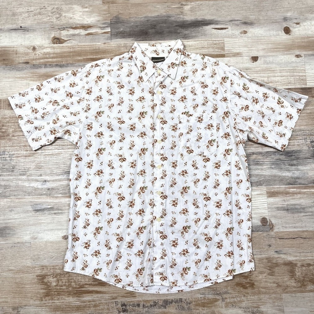 ODO Roses White Button Down Short Sleeve Shirt Size Large